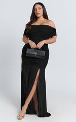 Alanna Maxi Dress - Off Shoulder Ruched Mesh Dress in Black