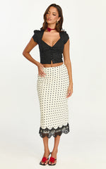 Alba Midi Skirt - Lace Trim Skirt in White/Black Polka