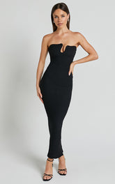 Alberta Midi Dress- Strapless bust detail textured dress in Black