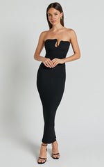 Alberta Midi Dress- Strapless bust detail textured dress in Black