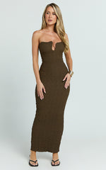 Alberta Midi Dress- Strapless bust detail textured dress in Chocolate