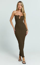 Alberta Midi Dress- Strapless bust detail textured dress in Chocolate