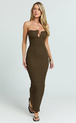 Alberta Midi Dress- Strapless bust detail textured dress in Chocolate