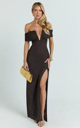 Alessia Maxi Dress - Off Shoulder Ruched Bodycon Dress in Chocolate