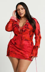 Alesya Mini Dress - Ruffle Plunge Neck Long Sleeve Tie Detail Dress in Abstract Adeana Print