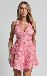 Alexandria Mini Dress - V Neck Gathered Bust A Line Dress in Pink