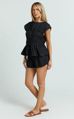 Alina Two Piece Set - Ruched Detail Top and Short Pants Set in Black