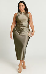 Aluna Midi Dress - High Neck Cross Back Satin Slip Dress in Olive