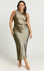 Aluna Midi Dress - High Neck Cross Back Satin Slip Dress in Olive