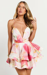 Amalie The Label - Felicity Plunge Tiered Mini Dress in Domeka Bloom Print