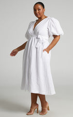 Amalie The Label - Franc Linen Puff Sleeve Wrap Midi Linen Dress in White