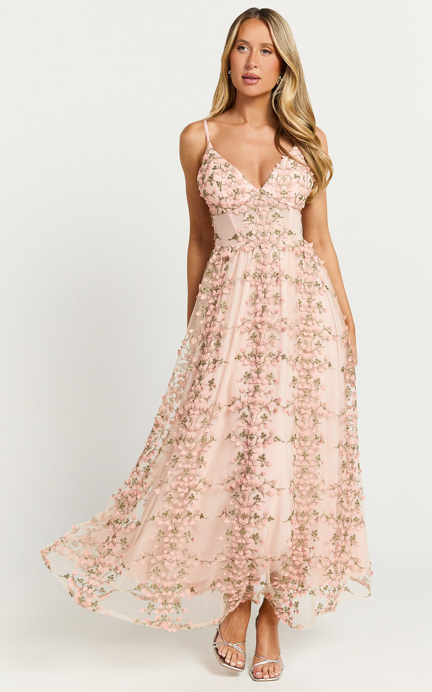 Amalie The Label - Lou V Neck Embroidered Tulle Midi Dress in Blush