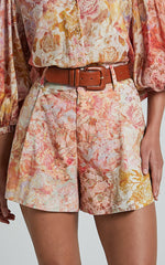 Amalie The Label - Noemie Linen Blend High Waisted Belted Tailored Shorts in Morocco Print