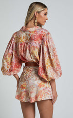 Amalie The Label - Noemie Linen Blend High Waisted Belted Tailored Shorts in Morocco Print