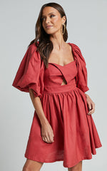 Amalie The Label - Penelopia Linen Look Blend Puff Sleeve Twist Bodice Mini Dress in Vermilion