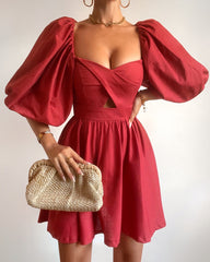 Amalie The Label - Penelopia Linen Look Blend Puff Sleeve Twist Bodice Mini Dress in Vermilion