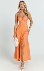 Amalie The Label - Ray Corset Panel Tie Back Midi Linen Blend Dress in Orange