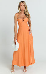 Amalie The Label - Ray Corset Panel Tie Back Midi Linen Blend Dress in Orange