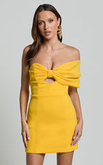 Amalie The Label - Seleste Off Shoulder Bow Detail Mini Dress in Yellow