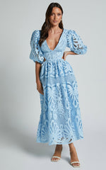 Anieshaya Midi Dress - V Neck Cut Out Lace Dress in Soft Blue