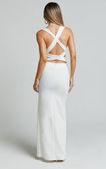 Anjie Midi Dress - Plunge Neck Cross Back Cut Out Dress in White