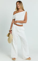 Annalie Two Piece Top and Pants Set - Off Shoulder Linen Set in White