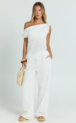 Annalie Two Piece Top and Pants Set - Off Shoulder Linen Set in White