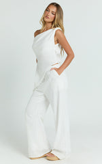 Annalie Two Piece Top and Pants Set - Off Shoulder Linen Set in White