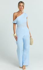 Annalie Two Piece Top and Pants Set - Off Shoulder Linen Set in Baby Blue