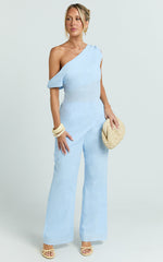 Annalie Two Piece Top and Pants Set - Off Shoulder Linen Set in Baby Blue