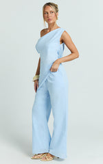 Annalie Two Piece Top and Pants Set - Off Shoulder Linen Set in Baby Blue