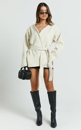 Annalise Jacket - Collarless Tie Waist Wool Look Jacket in Cream