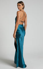 Anneke Maxi Dress - V Neck Open Back Bias Cut Dress in Petrol Green