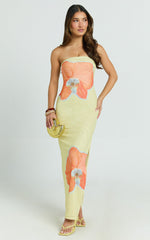 Aretta Maxi Dress - Strapless Fitted Placement Mesh Print Dress in Orchid Print