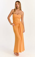 Aria Midi Dress - Strapless Tie Waist Dress in Orange