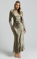 Arriana Midi Dress - Long Sleeve Cowl Back Satin Dress in Olive