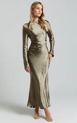 Arriana Midi Dress - Long Sleeve Cowl Back Satin Dress in Olive