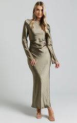 Arriana Midi Dress - Long Sleeve Cowl Back Satin Dress in Olive