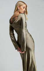 Arriana Midi Dress - Long Sleeve Cowl Back Satin Dress in Olive
