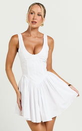 Ashlyn Mini Dress - Scoop Neck V Waist Gathered Dress in White