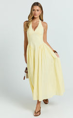 Athena Midi Dress - Halter Drop Waist Dress in Lemon