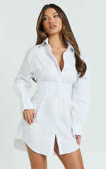 Athena Mini Dress - Collared Button Front Corset Waist Workwear Shirt Dress in White in White