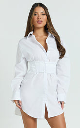 Athena Mini Dress - Collared Button Front Corset Waist Workwear Shirt Dress in White in White