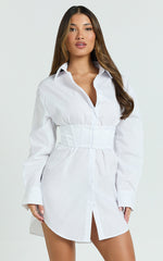 Athena Mini Dress - Collared Button Front Corset Waist Workwear Shirt Dress in White in White