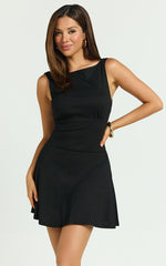 Attica Mini Dress - Straight Neck Fit And Flare Dress in Black