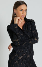 Ava Mini Dress - Long Sleeve Fitted Clipped Jacquard Dress in Black