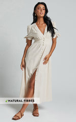 Avegail Midi Dress - V Neck Button Through Short Sleeve Dress in Bone