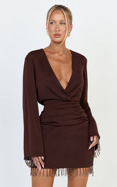 Azura Mini Dress - Long Sleeve Beaded Trim Plunge Neck Dress in Chocolate