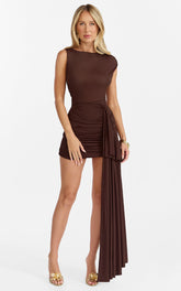 Baylee Mini Dress - Gathered One Shoulder Bodycon Dress in Dark Chocolate