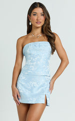 Barbra Two Piece Set - Jacquard Strapless Corset Top and Mini Skirt in Blue
